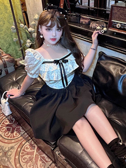 Plus Size Polka-dot Top White and Black Sweet Puff Sleeves Dress