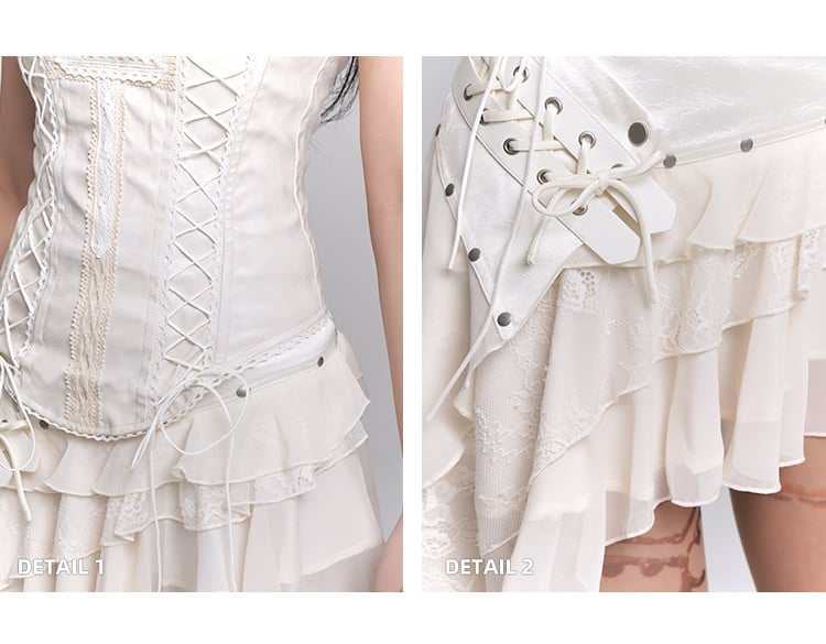 Beige Cross Lace Applique Lace-up Strapless Top / Asymmetrical Hem Tiered Skirt