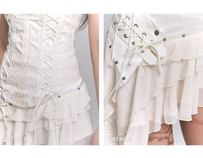 Beige Cross Lace Applique Lace-up Strapless Top / Asymmetrical Hem Tiered Skirt