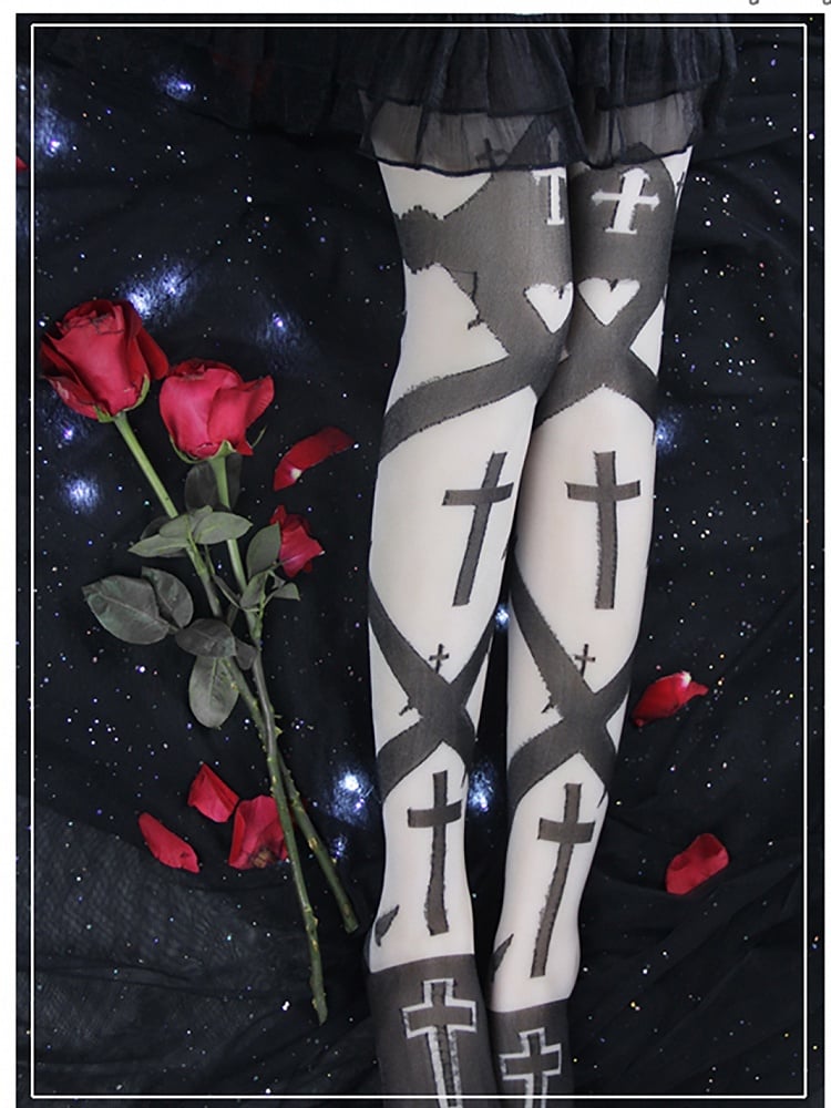 Black/White Gothic Cross Print Overknee Stockings