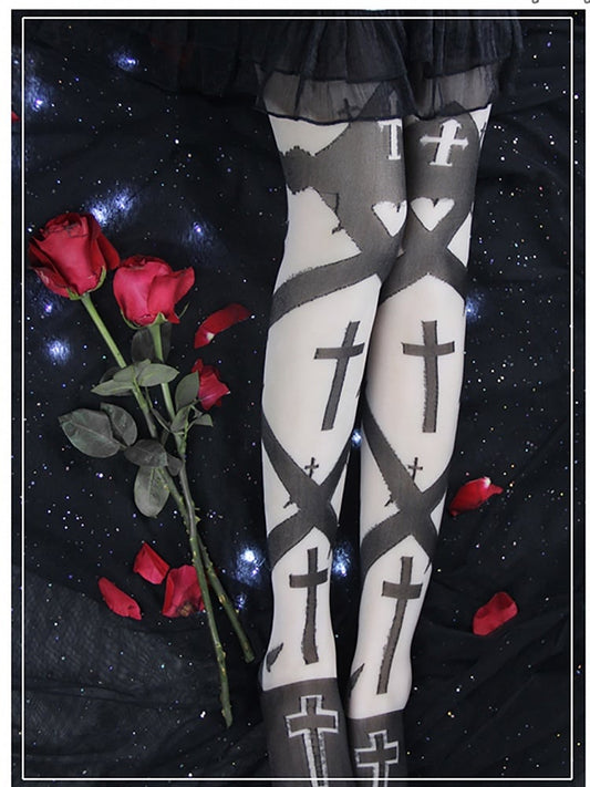 Black/White Gothic Cross Print Overknee Stockings
