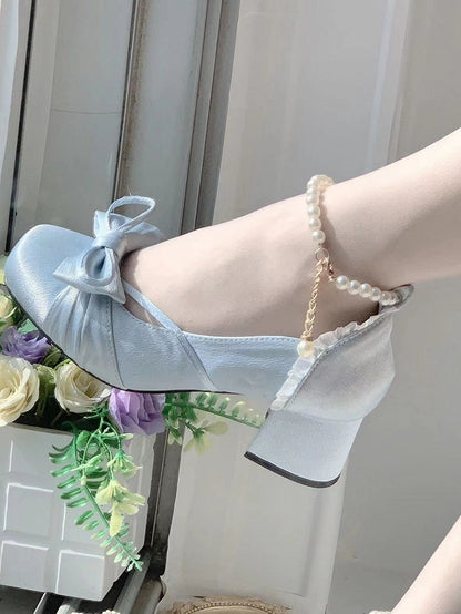 Blue Elegant Bow at Top Mary Janes With Dual Detachable Buckle Ankle Straps