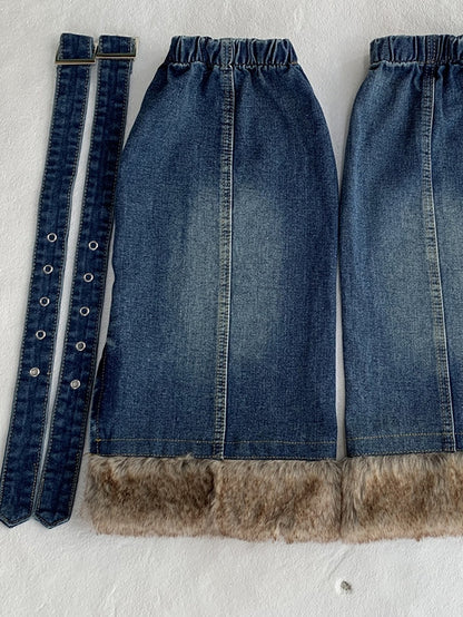 Blue Buckle Straps Flared Denim Leg Warmers