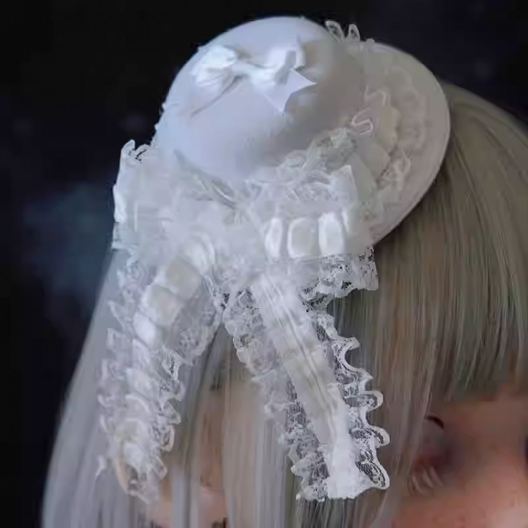 White Gothic Handmade Lace Bow Mini Hat Hairclip