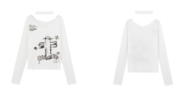 White Punk Cross V-neck Sweater with Choker