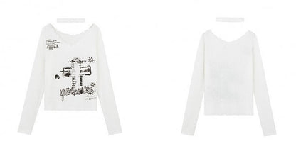 White Punk Cross V-neck Sweater with Choker