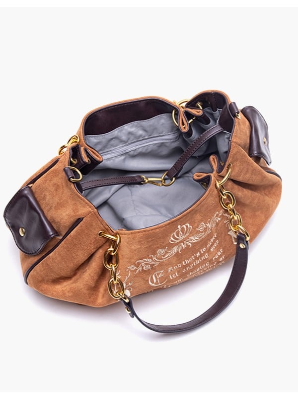 Vintage Brown Gothic Lettering Embroidered Tote Bag with Large Capacity