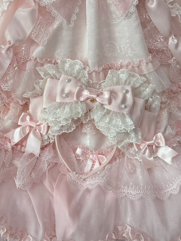 White/Beige/Blue Beaded Decorated Lace Trim Big Bow KC