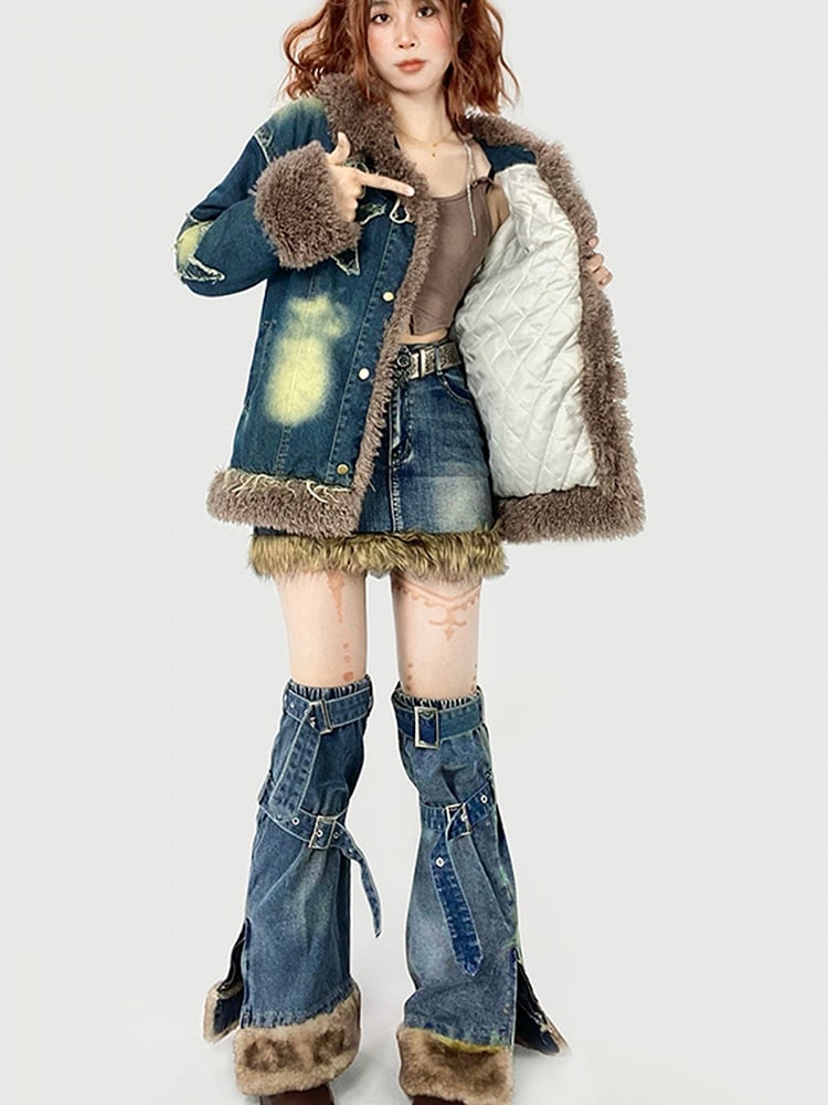 Gyaru Fashion Plush Hem Blue Denim Skirt + Buckle Straps Side Slit Leg Warmers