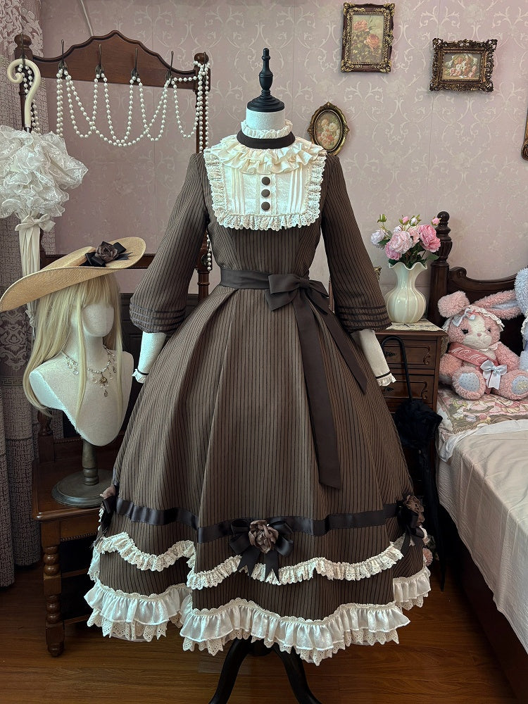 Beige Ruffle Neckline Brown Long Sleeves Striped Dress with Waist Belt