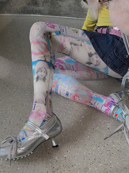 White Y2K Barbie Print Tights