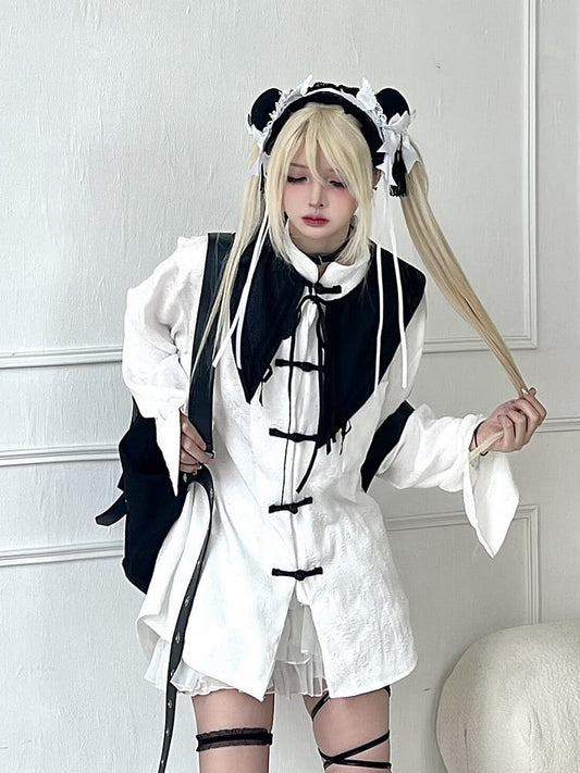 White Long/Short Sleeves Cheongsam Blouse with Detachable Collar and Subtle Pattern