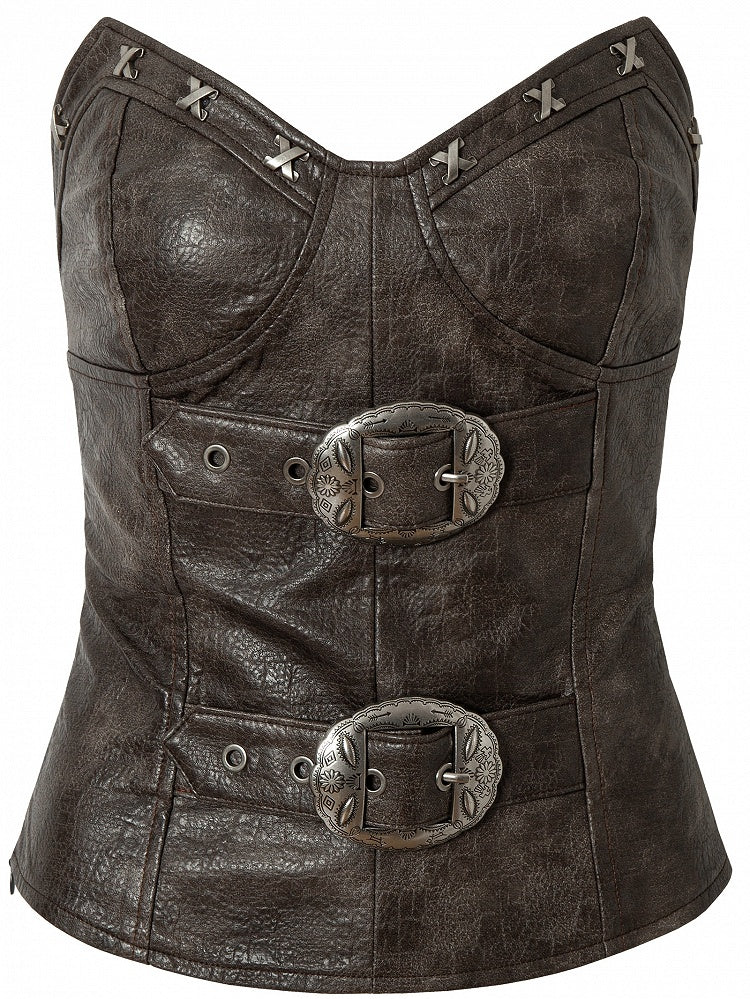 Red/Brown Wasteland Punk Buckle Decorated PU Bustier Top