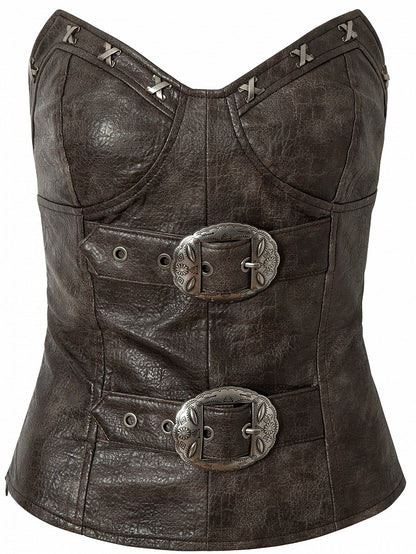 Red/Brown Wasteland Punk Buckle Decorated PU Bustier Top