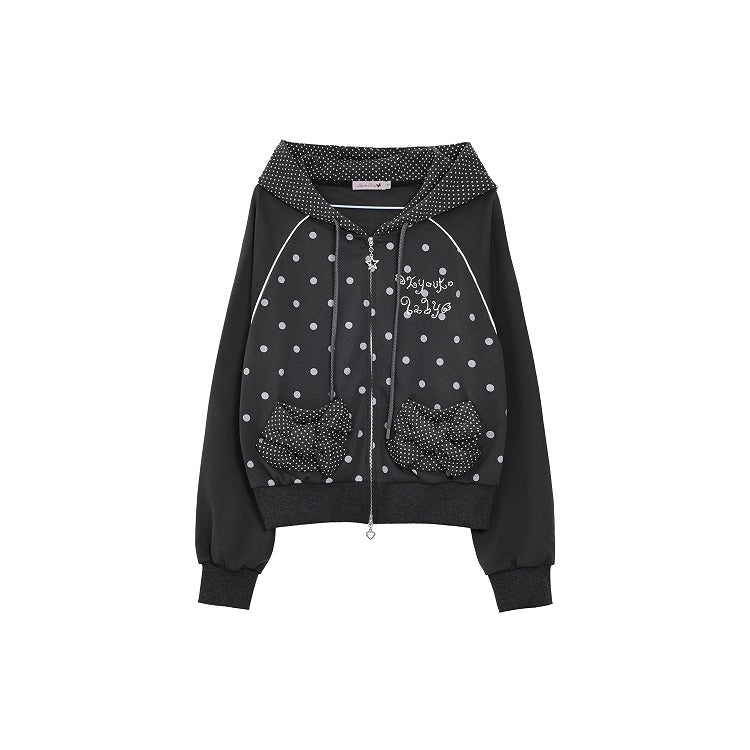 Black / Gray Polka Dot Raglan Sleeve Hoodie Jacket with Decorative Bow