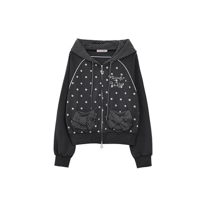 Black / Gray Polka Dot Raglan Sleeve Hoodie Jacket with Decorative Bow