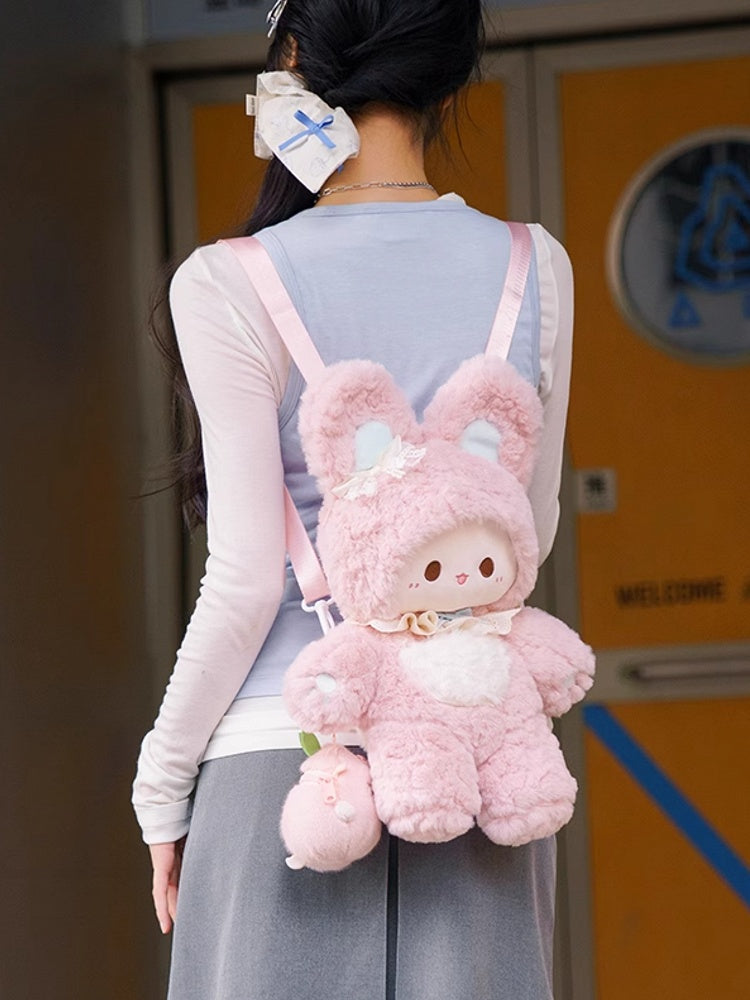 Pink Bowknot Decorated 43cm Plush Rabbit Backpack Detachable Shoulder Straps
