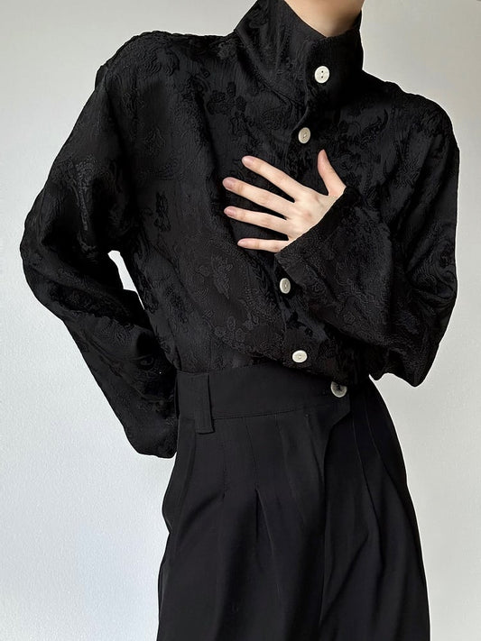 Ouji Lolita Black Textured Long Sleeve Shirt with Button Cuffs & Mandarin Collar