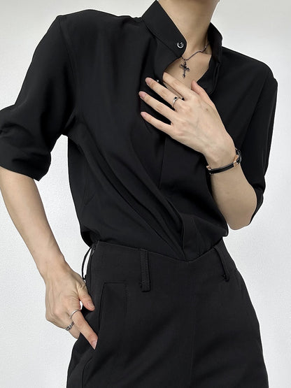 Ouji Lolita Black Unisex Short Sleeve Shirt with Straight Cut & Button-Down Front