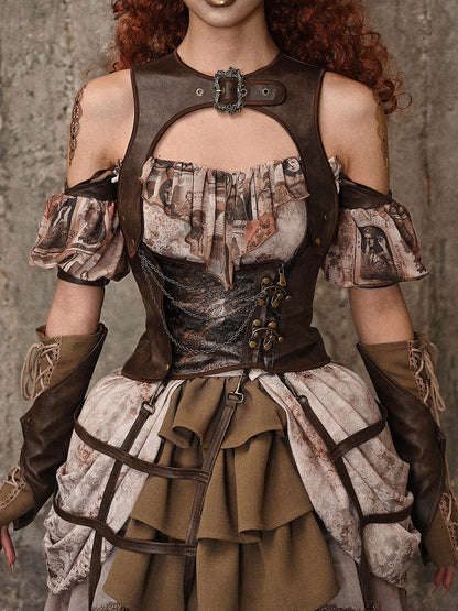 Brown PU Leather Vintage Steampunk Waistcoat Detachable Birdcage