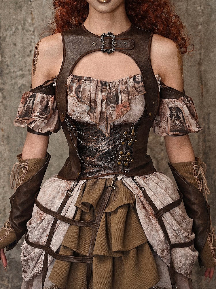 Brown PU Leather Vintage Steampunk Waistcoat Detachable Birdcage