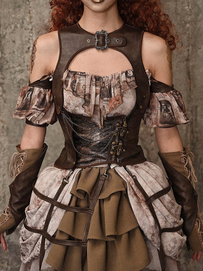 Brown PU Leather Vintage Steampunk Waistcoat Detachable Birdcage