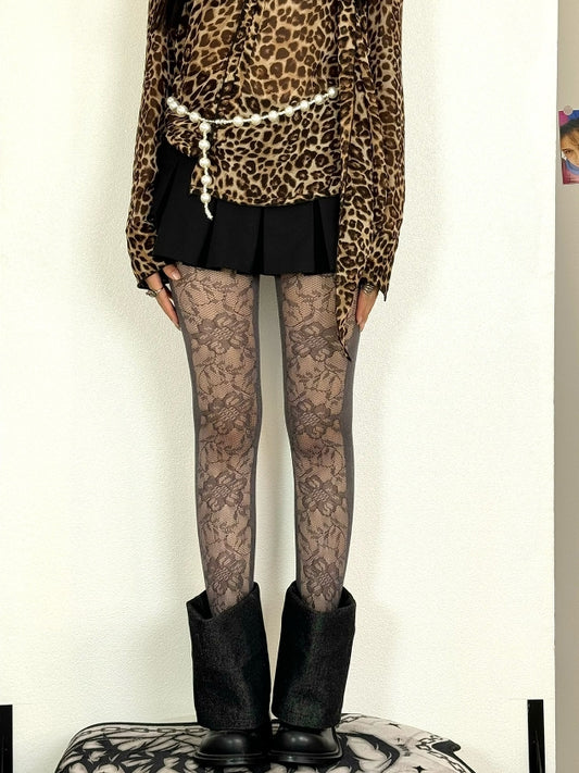 Gray Y2K Floral Pattern Tights