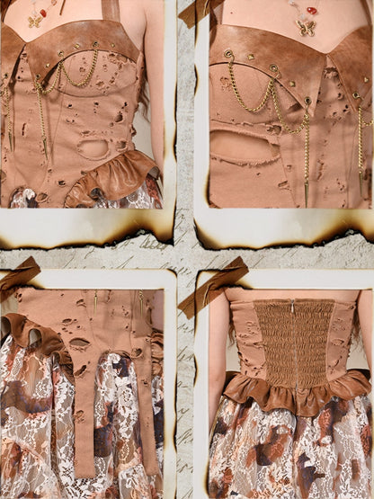 Brown Wasteland Punk Studs Chain Decorated Distressed Holes Design Halter Dress