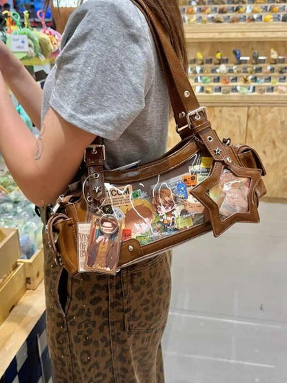 Brown PU Y2K Shoulder Ita Bag With Star Charm
