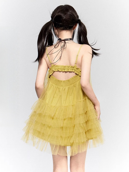 Mustard Yellow Square Neckline Layered Mesh Backless Cami Dress