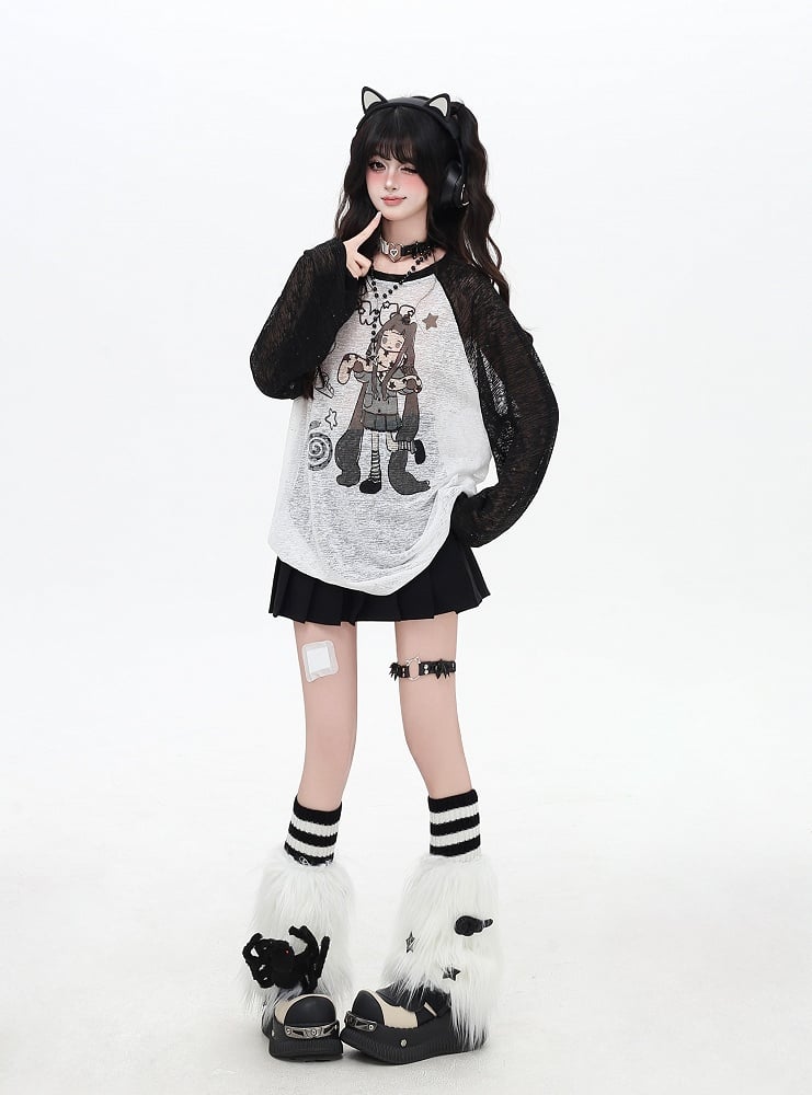 Cartoon Girl Print Black/Pink/Blue Colorblock Design Semi-sheer Coverup