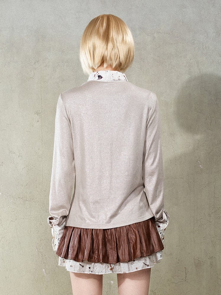 White Y2K Punk Rock Faux Two-Piece Shirt with Splatter Print