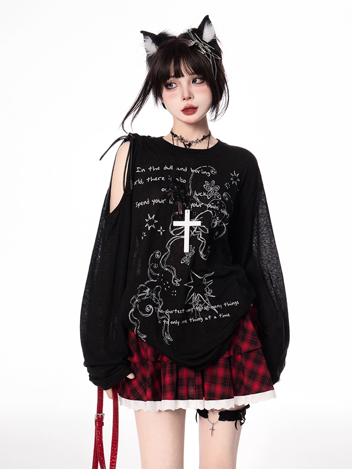 Bowknot Graffiti Print Cutout Shoulder Black/White Semi-sheer Coverup