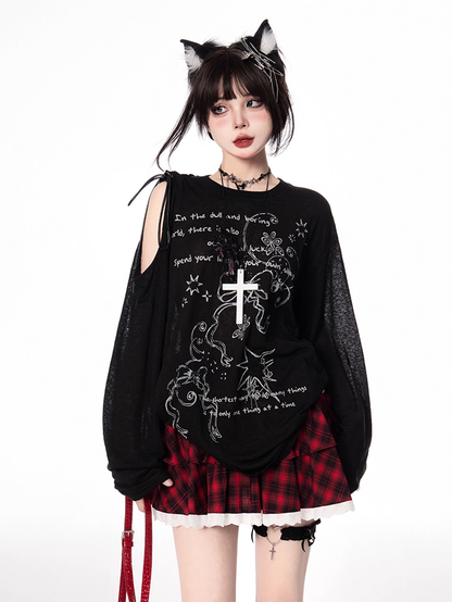 Bowknot Graffiti Print Cutout Shoulder Black/White Semi-sheer Coverup