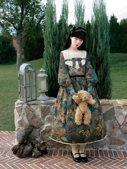 Green & Blue Floral Print Long-Sleeve Elegant Classic Lolita Dress with Waist Belt