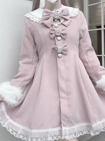Jirai Kei Pink A-Line Waisted Coat | Detachable Plush Bunny Ear Hood & Bowknots