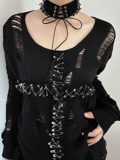 Black/Black & Red Lace Cross Hollowed-out Design Gothic Sweater