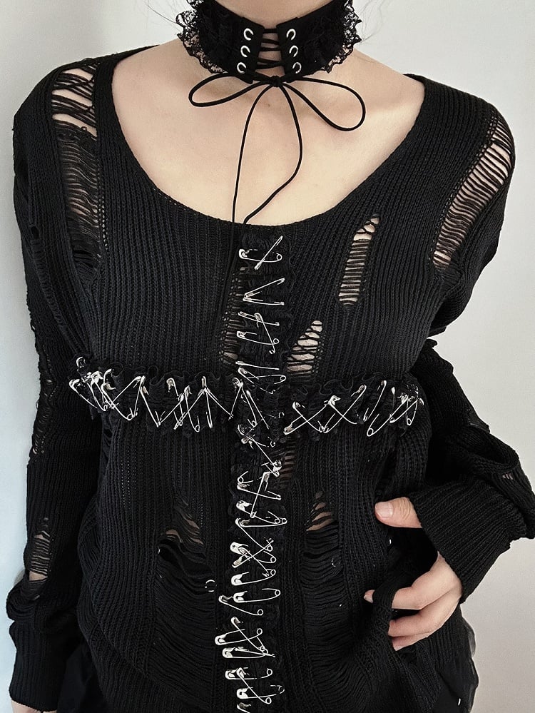 3 Colors Lace Cross Applique Hollowed-out Gothic Sweater + Lace-up Detail Choker