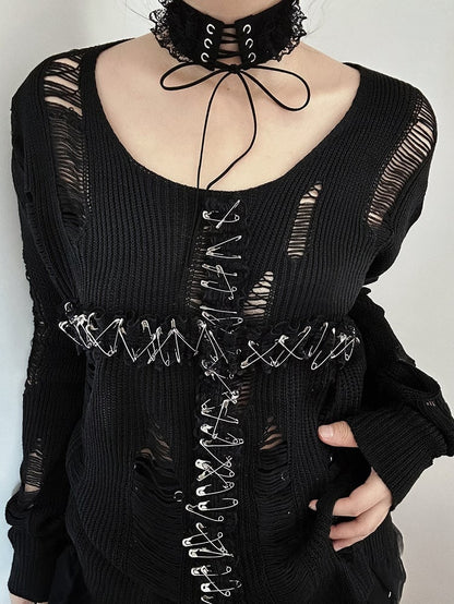 3 Colors Lace Cross Applique Hollowed-out Gothic Sweater + Lace-up Detail Choker