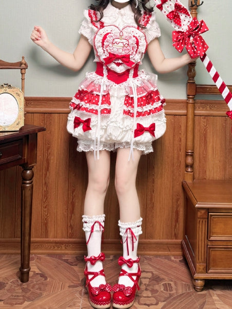 White and Red Polka-dot Cake Embroidery Sweet Lolita Overall Dress Big/Small Bubble Skirt