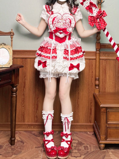 White and Red Polka-dot Cake Embroidery Sweet Lolita Overall Dress Big/Small Bubble Skirt