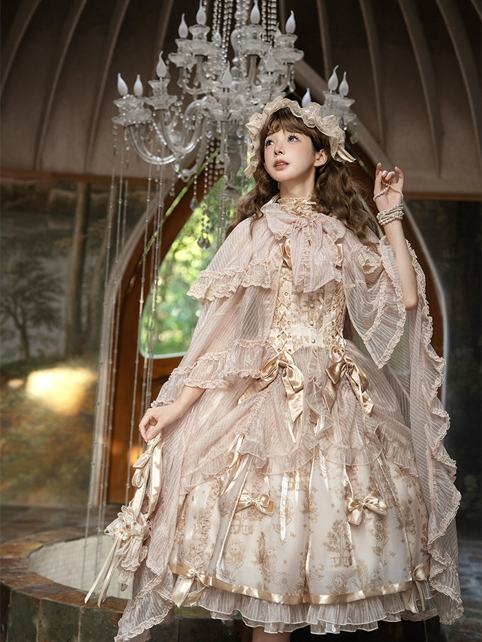 Champagne Self-tie Big Bow Neckline Cloak Cascading Ruffle Trimming