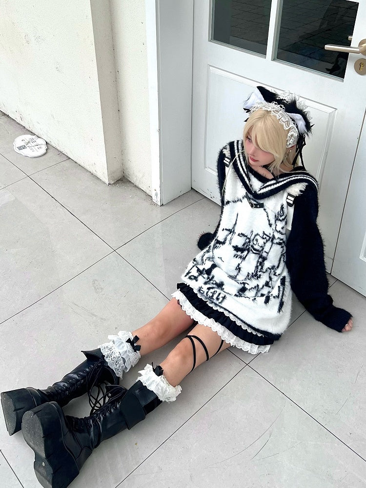 Black/Blue/Pink Sailor Collar Plush Sweater with Cartoon Girl Design - Oversized Fit