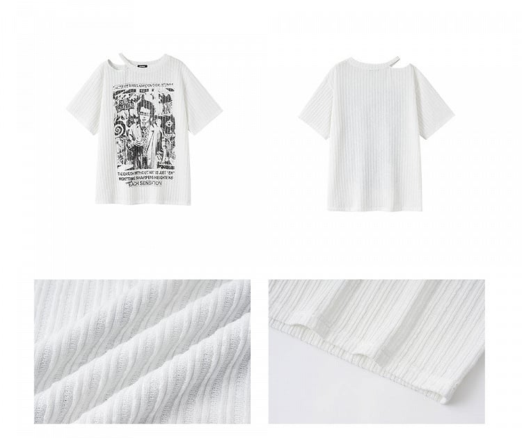 Punk White Asymmetrical Cutout Shoulder Graphic T-shirt