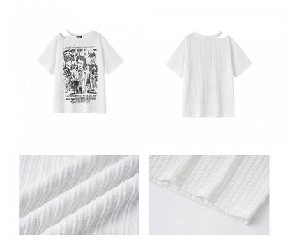 Punk White Asymmetrical Cutout Shoulder Graphic T-shirt