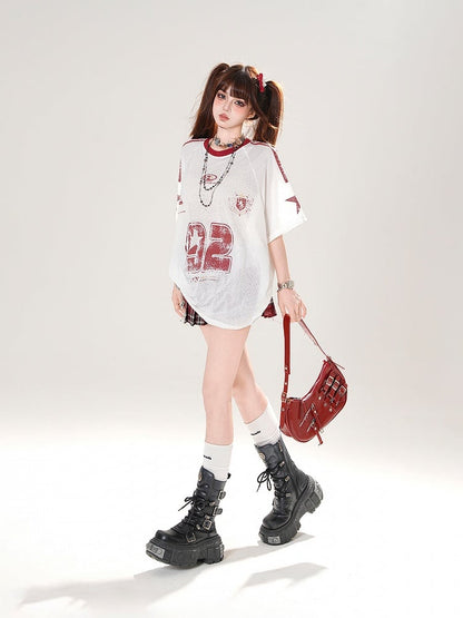 White Round Neck Number Print Hollow-out T-shirt