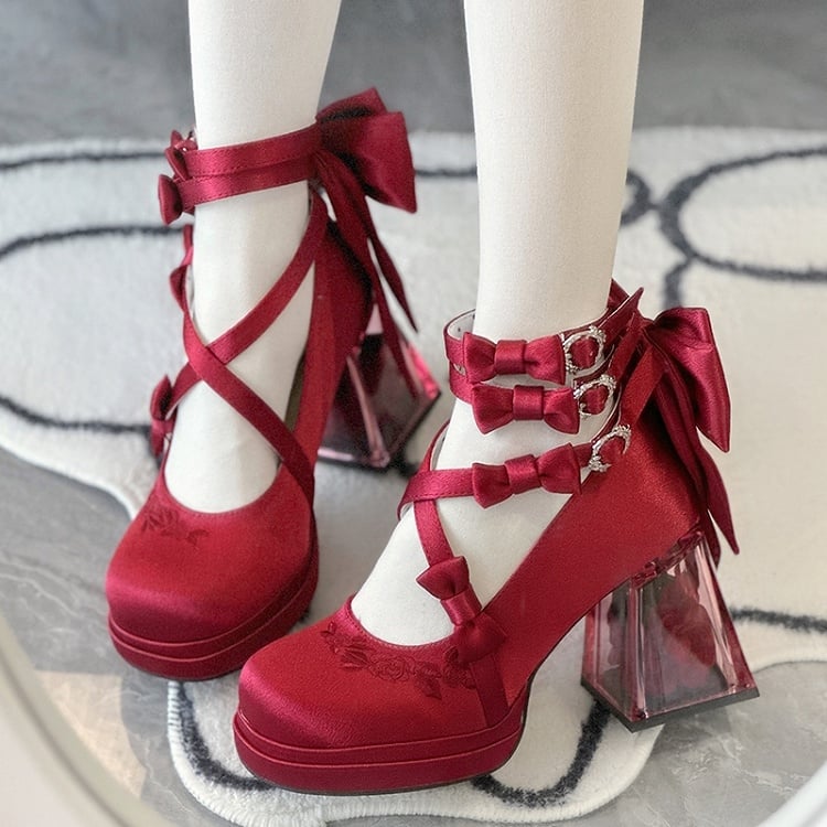 Red Camellia Flower High Block Heel Elegant Platform High Heels