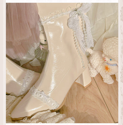 Beige Pointed Toe Lace and Beaded Chain 7CM Block Heel Knee-high Boots