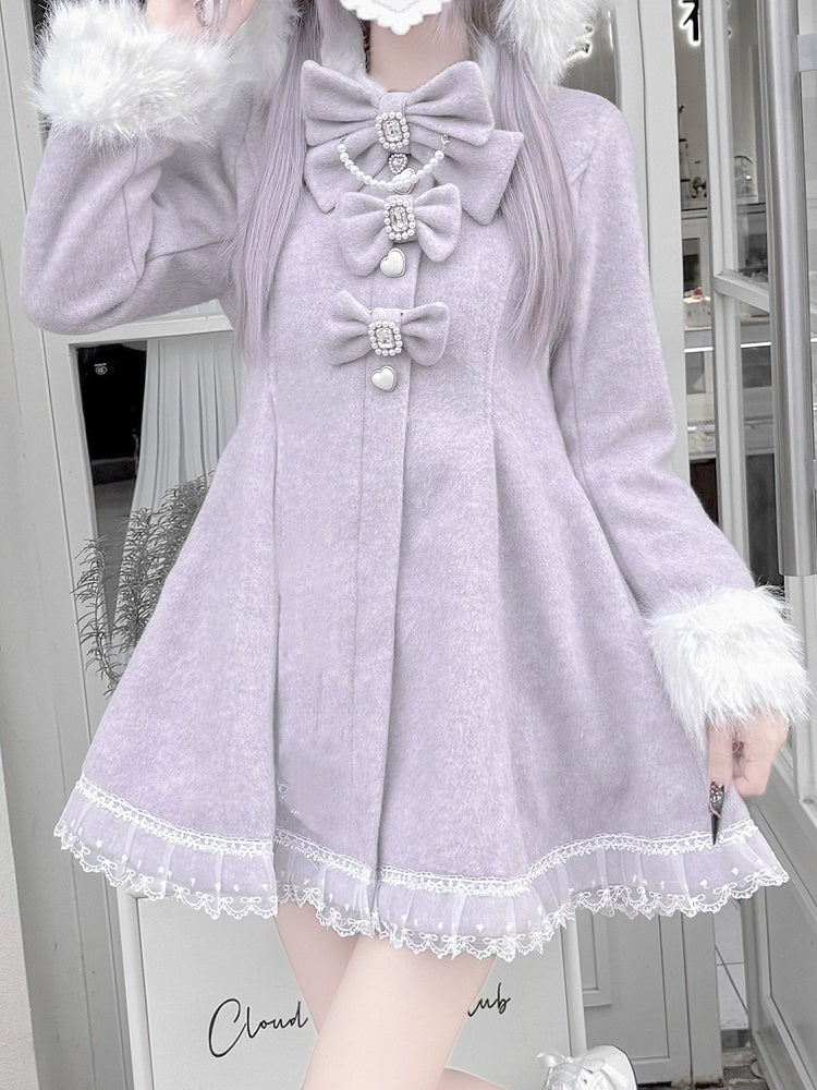 Jirai Kei Dusty Purple Waisted Coat | Detachable Plush Bunny Hood & Bow | Wool Blend