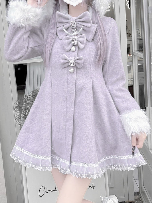 Jirai Kei Dusty Purple Waisted Coat | Detachable Plush Bunny Hood & Bow | Wool Blend